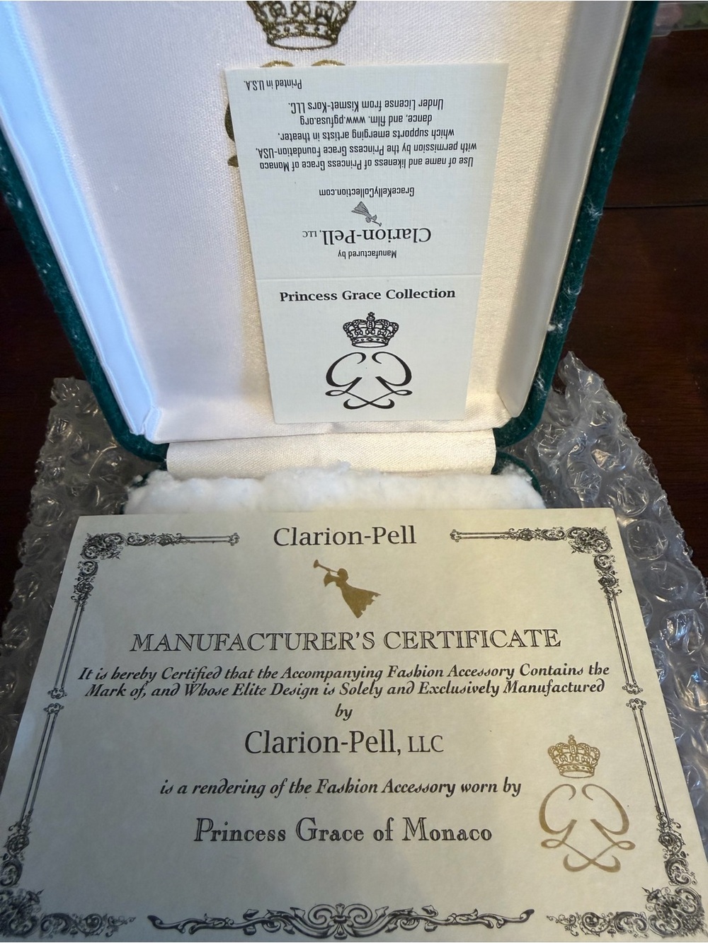 Clarion-Pell Princess Grace Collection Certificate - necklace